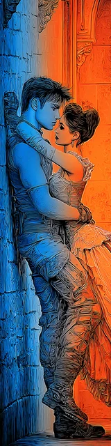 Free dark romance bookmark featuring a couple in an orange and blue color palette